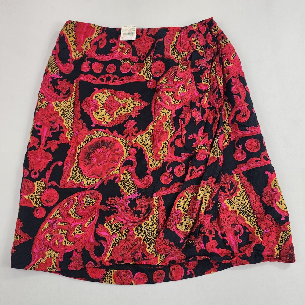 Pappagallo Skirt Womens 14 Red Black Baroque Floral Rayon A-Line 02418